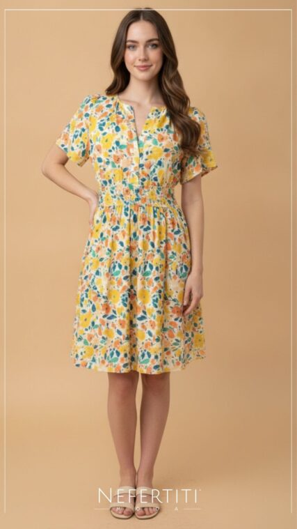 Vestido manga corta flores Amarillo Naranja D7450