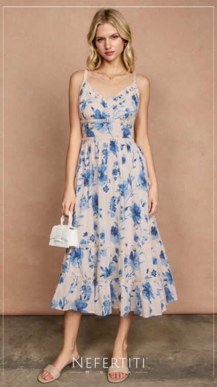 Vestido maxi tirante flores Blanco Azul D7549