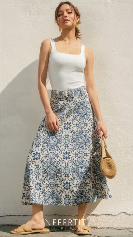 Falda midi mosaico Azul Blanco K1002