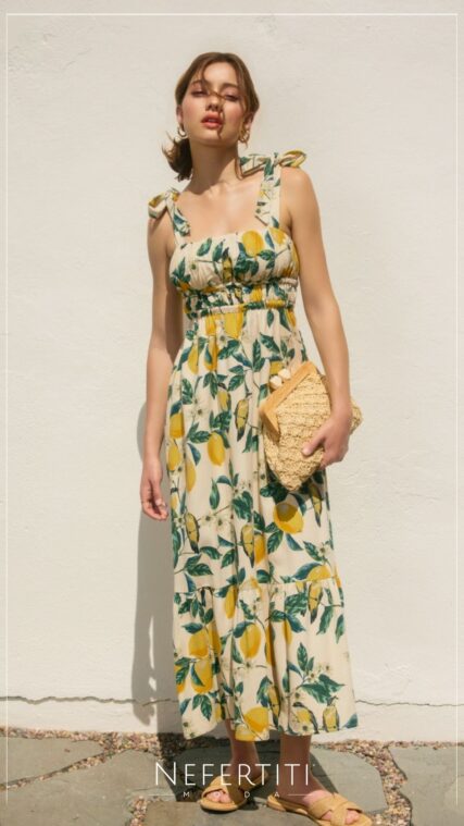 Vestido maxi lazo en tirante limones Beige Azul Amarillo D7537