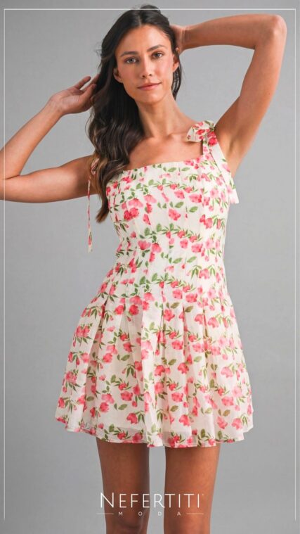 Vestido corto flores corto lazos tirante Rosa D7427