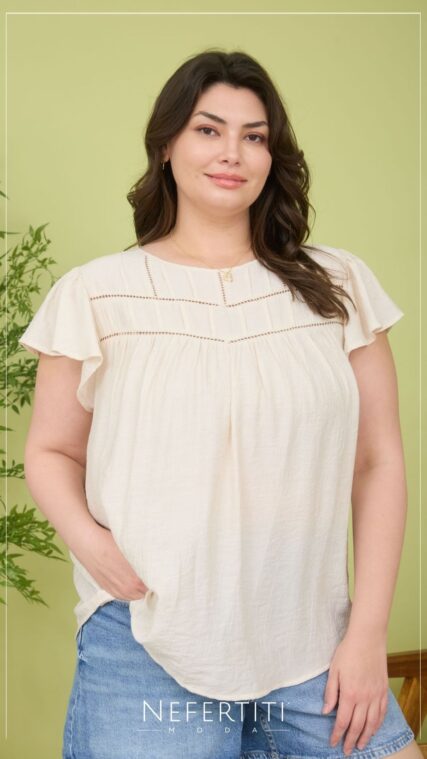 Blusa manga corta con calado Beige TP3713
