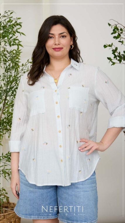 Blusa botones manga larga flores rayas Celeste TP3734