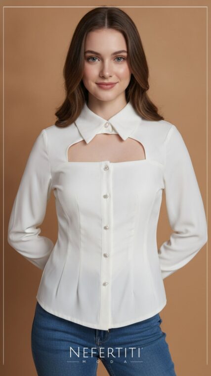 Blusa manga larga botones abertura escorte Marfil T17115