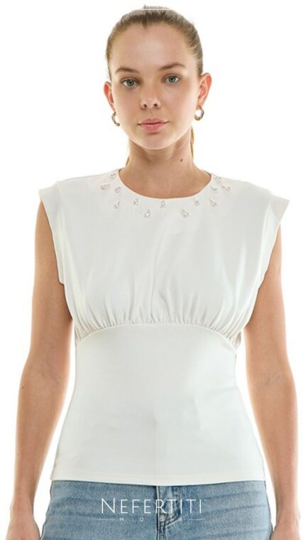 Blusa perlas en cuello sin manga Marfil T17097