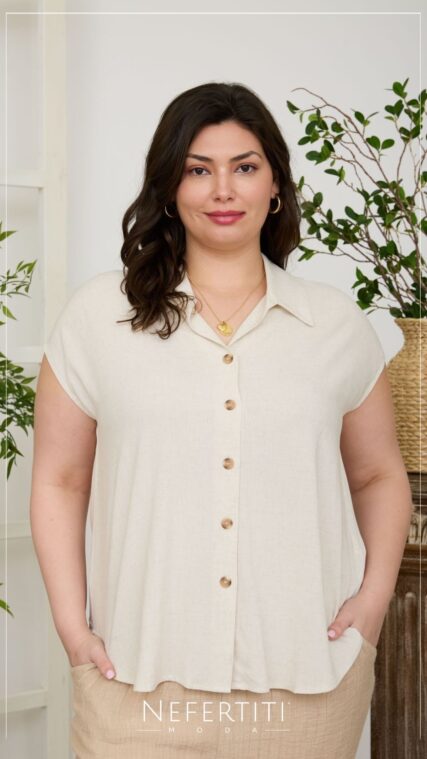 Blusa botones cuello manga corta Beige TP3749