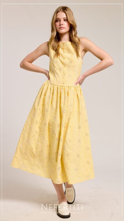 Vestido maxi librete botones sin manga Amarillo D7504