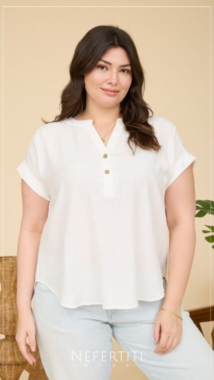 Blusa manga corta botones acanalado Blanco TP3743