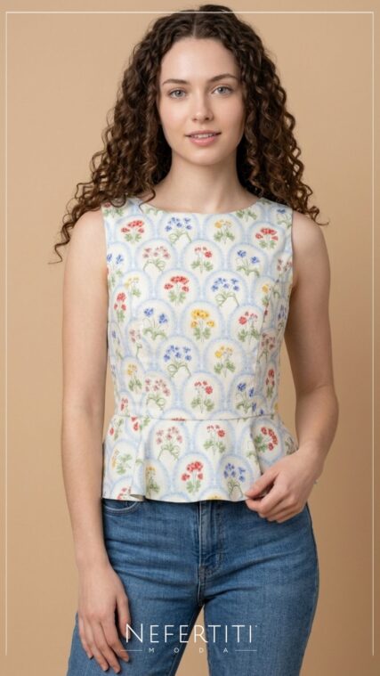 Blusa flores sin manga espalda escotada Blanco Azul Rojo T17154