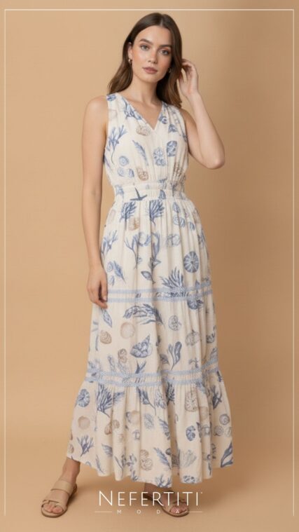 Vestido maxi conchas marinas Beige Celeste D7485