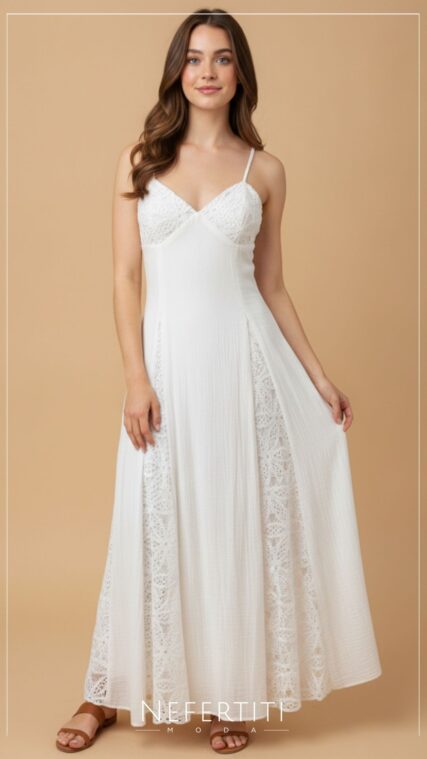 Vestido maxi tirante cuchillas encaje Blanco D7479