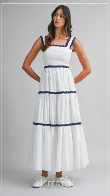 Vestido maxi detalle cinta ondas Blanco Azul D7482