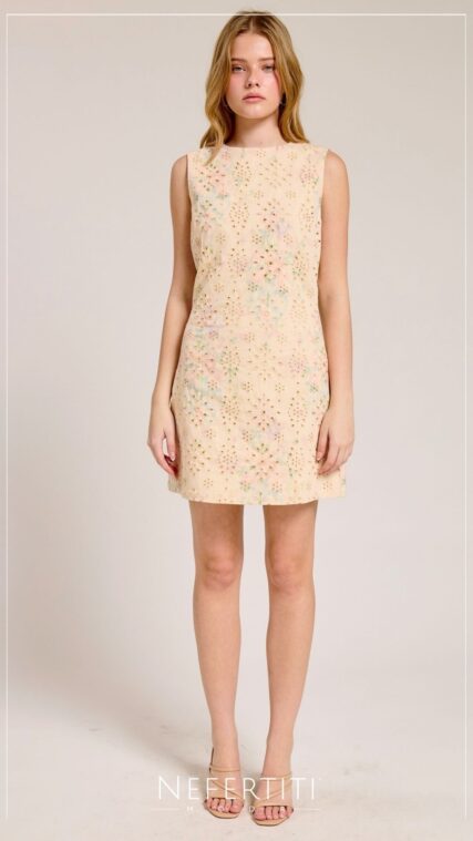 Vestido corto bordado sin manga floral Beige D7510