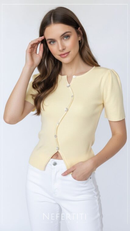 Blusa manga corta tipo abrigo botones en S Amarillo T17133