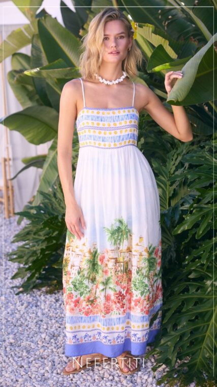 Vestido maxi paisaje pueblito costero Blanco Azul D7496