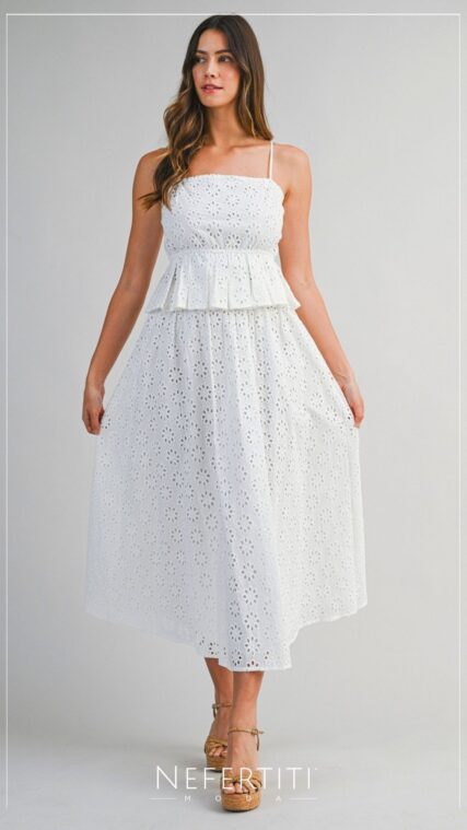 Conjunto Blusa tirante y falda midi librete Blanco D4736
