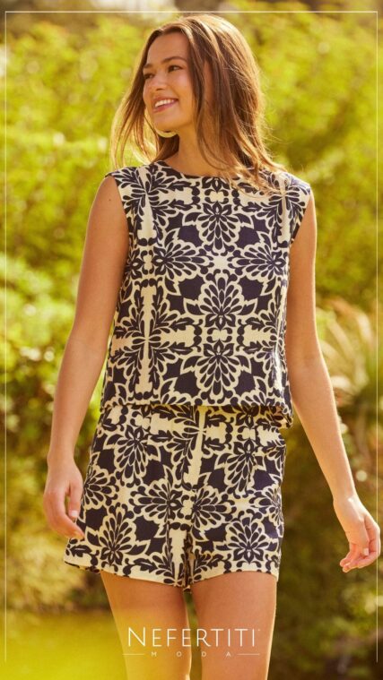Conjunto blusa y pantalon corto Azul Blanco D7445