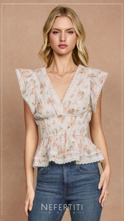 Blusa peplum vuelo en manga flores Rosa Pastel T17148