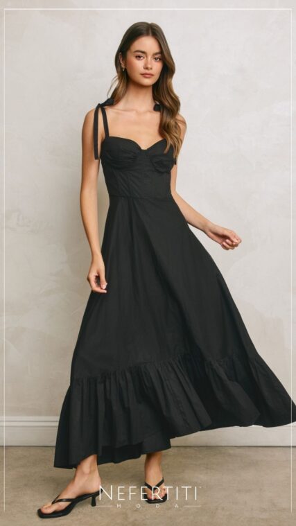 Vestido maxi copas lazo en tirante Negro D7534