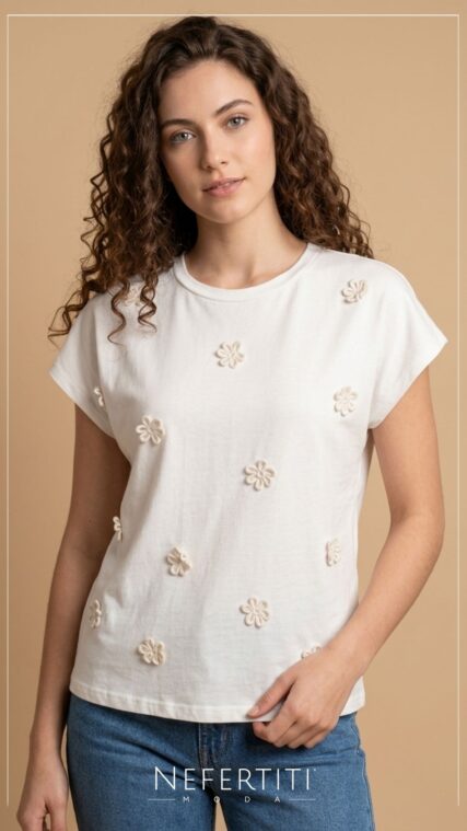 Blusa manga corta flores beige tejidas Marfil T17118