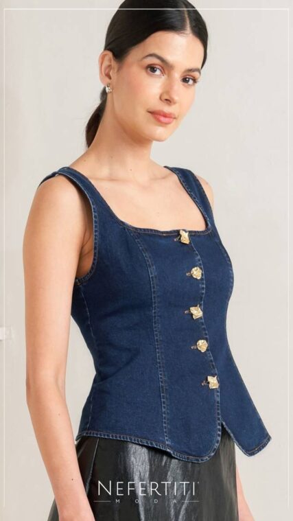 Blusa tipo chaleco mezclilla botones dorados Azul Oscuro T17276
