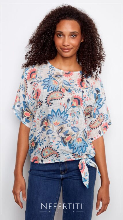 Blusa manga corta nudo paisley Blanco Coral Azul T17218