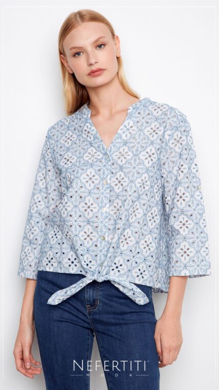 Blusa botones librete manga tres cuartos Blanco Celeste T17226