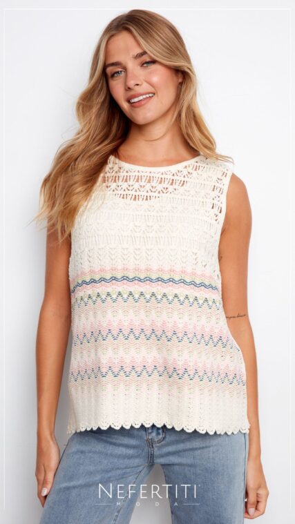 Blusa sin manga tejida multicolor Beige Rosa Azul T17279