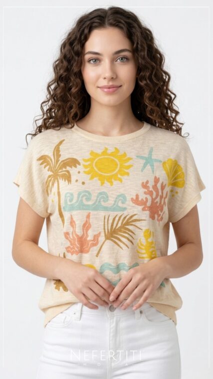 Blusa tejida print playa Beige Amarillo Menta T16920