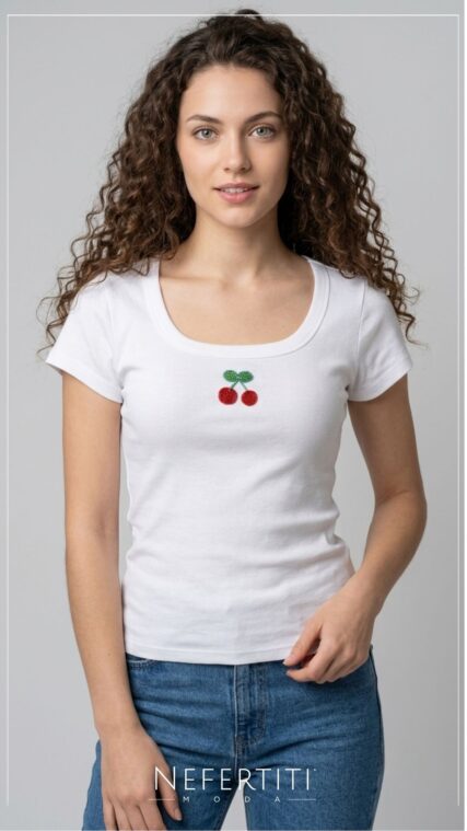 Blusa manga corta Cerezas Blanco T17169