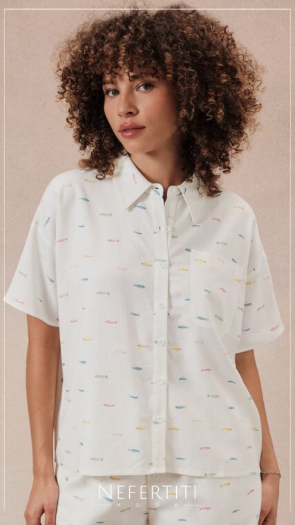Blusa manga corta peces multicolor Blanco T17319
