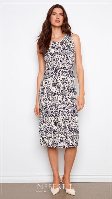 Vestido midi sin manga barroco Azul Beige D7593