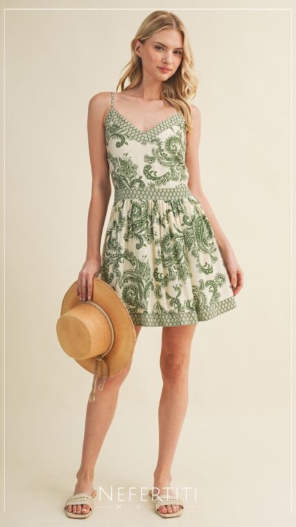 Vestido corto tirante paisley Verde Crema D7597