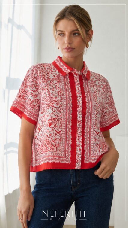 Blusa estampado floral botones manga corta Rojo Blanco T17271