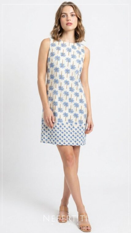 Vestido sin manga palmeras Blanco Azul D7560