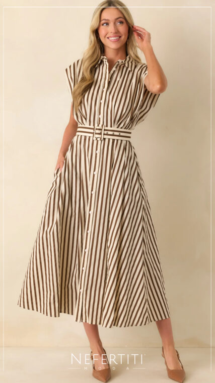 Vestido rayas botones con faja Cafe Crema D7421