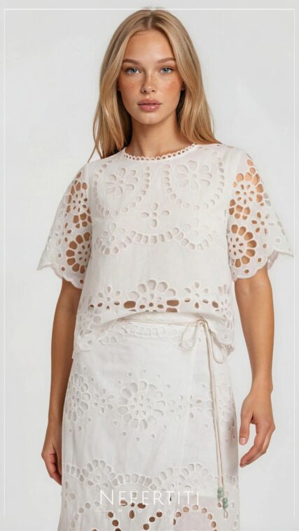 Blusa bordada librete manga corta Blanco T17414