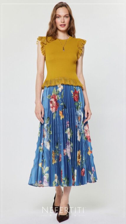Falda maxi plisada flores Azul Medio K1016