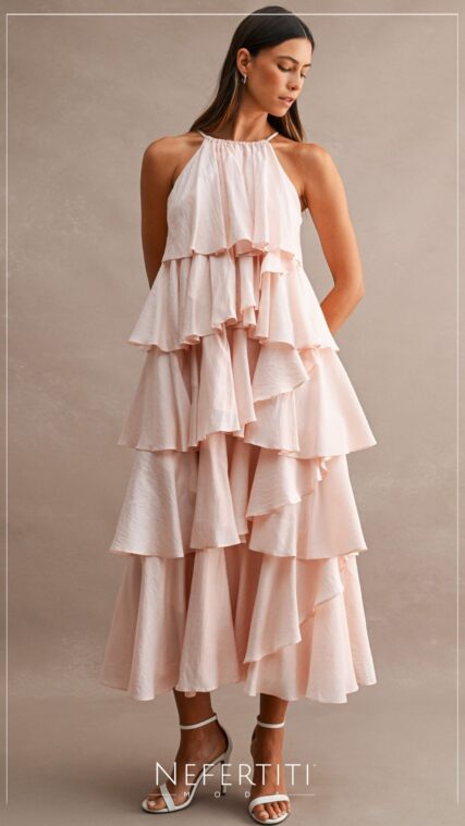 Vestido maxi vuelos capas Rosa Durazno D7631