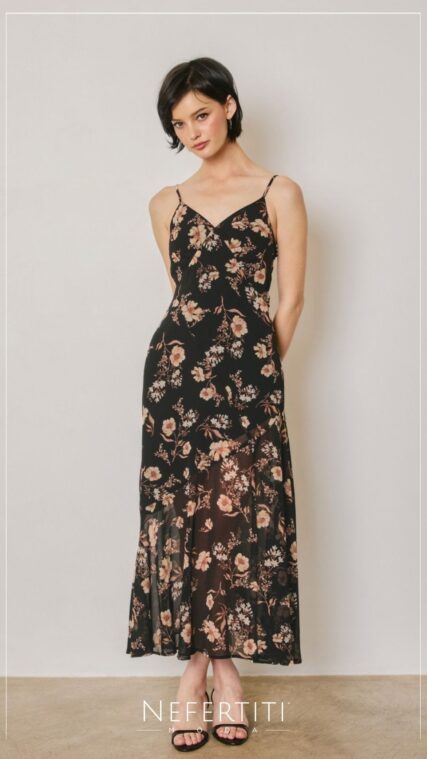 Vestido maxi tirante flores Negro D7625