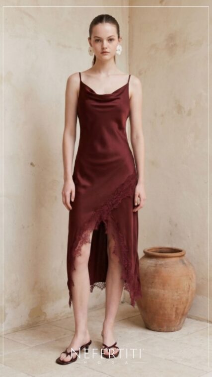 Vestido maxi detalle encaje Rojo Ladrillo D7649