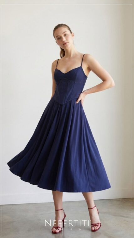 Vestido midi tirante tipo corse Azul Marino D7643