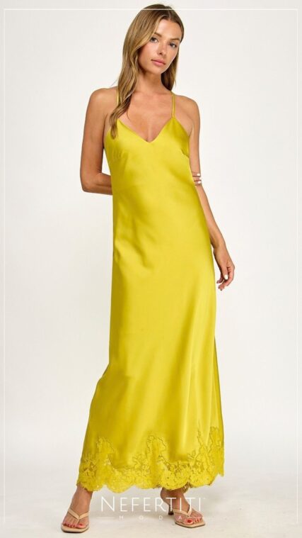 Vestido maxi espalda escotada encaje Mostaza D7652