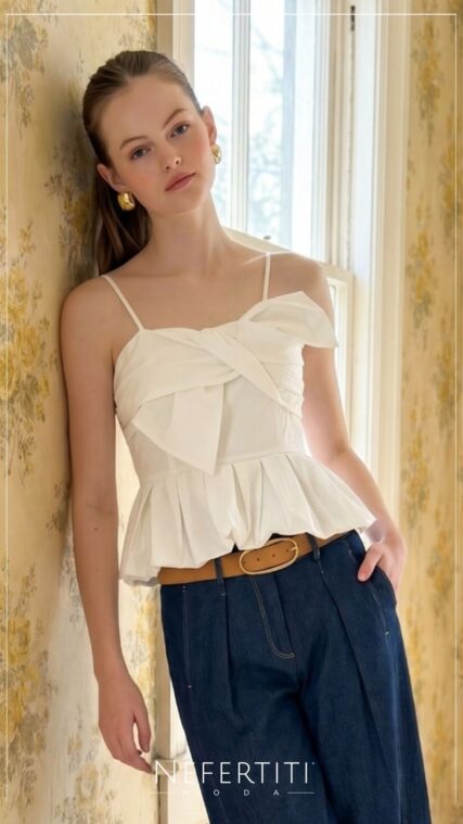 Blusa globo lazo frente Marfil T17336