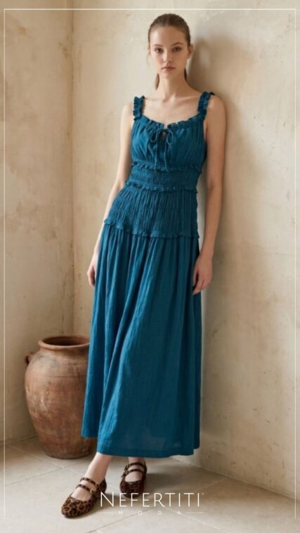 Vestido maxi tirante corrugado Teal D7637