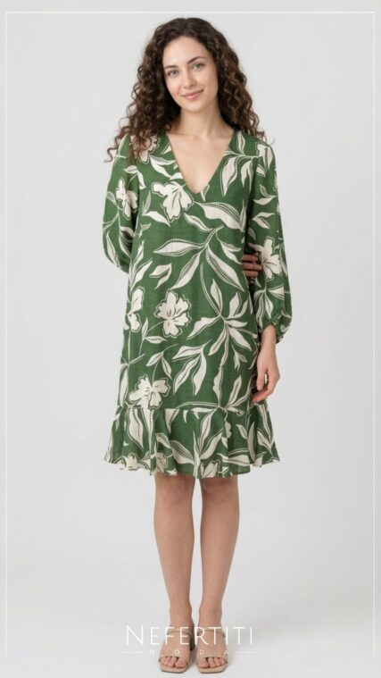 Vestido manga tres cuartos hojas Verde Beige D7556