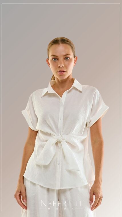 Blusa manga corta botones lazo Marfil T17398