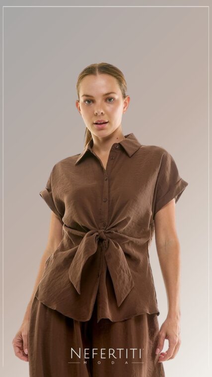 Blusa manga corta botones lazo Cafe T17395