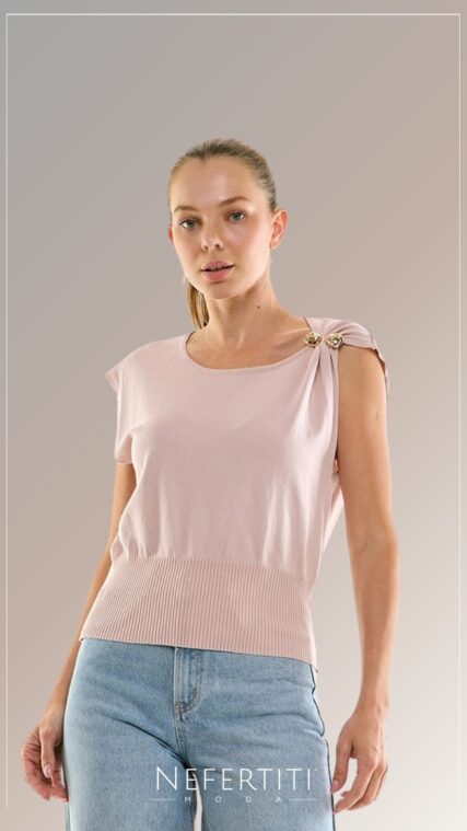 Blusa manga corta tipo abrigo adorno dorado Palo Rosa T17453
