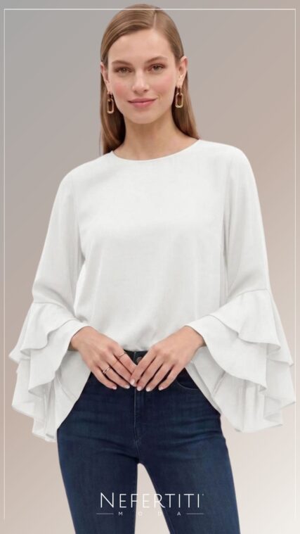 Blusa manga larga vuelos Marfil T17493